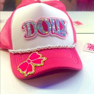 Pink Dolly hat with pink bows are Pearls 
Custom made brand new
